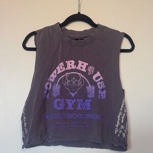 Darc Sport Gray Muscle Tee with Pink and Purple Gym Graphic